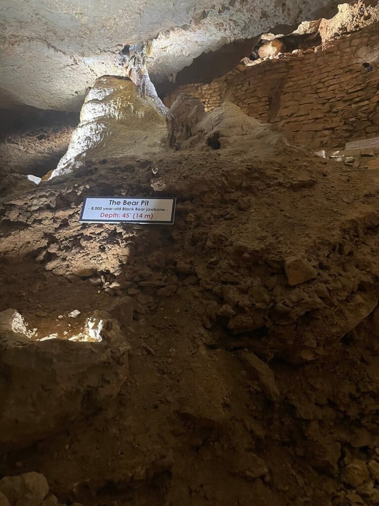 A Sign at Natural Bridge Caverns says "The Bear Pit", and features a 8,000 year-old Black Bear Jawbone.