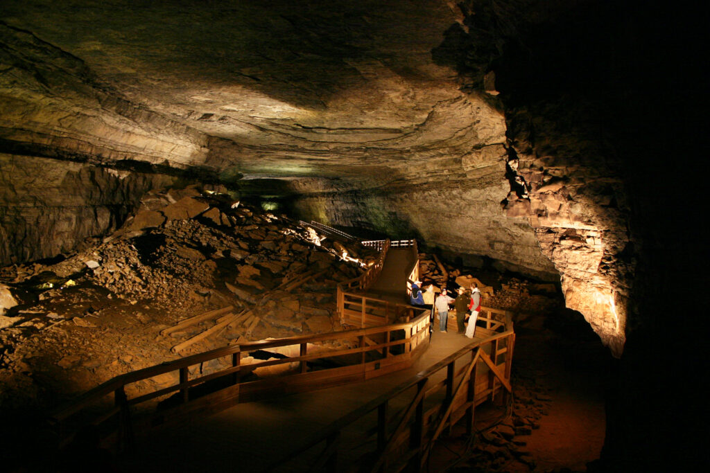 Picture showing the walkway that people use during the tour of Mammoth Cave in Kentucky.