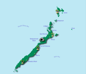 A map of The Palawan Island and location of Puerto Princesa Underground River National Park.