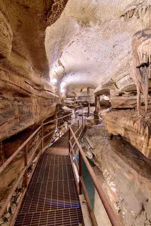 A look at the long winding walkway that people take on the cave tour.
