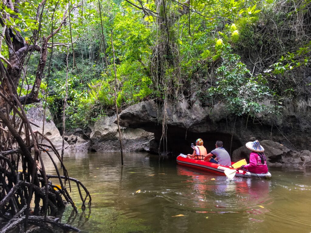 A group takes a photo of the cliff edge hanging over them as they kayak through the river and the mangrove forests in Thailand.